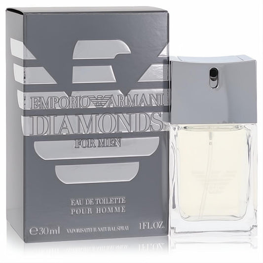 Emporio Armani Diamonds for Men 1 oz EDT. Sleek clear glass bottle, silver cap, and stylish gray box.