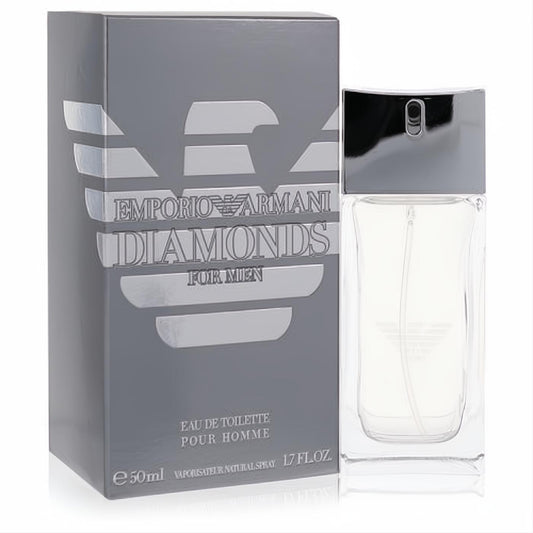 Emporio Armani Diamonds for Men 1.7 oz EDT. Elegant clear glass bottle with chrome cap, beside its iconic gray box with silver Armani logo.