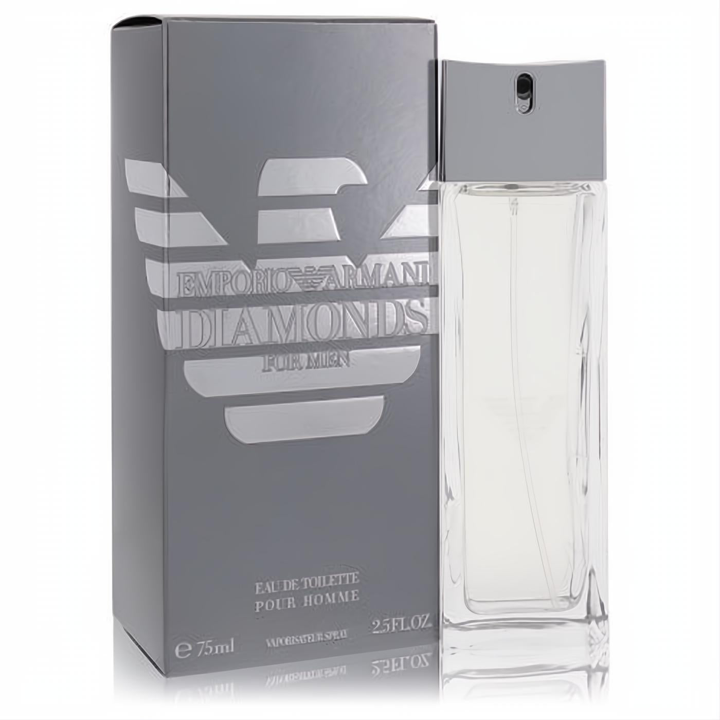 Emporio Armani Diamonds 2.5 oz men's Eau De Toilette. Clear glass bottle, gray cap, and elegant silver-branded gray box.