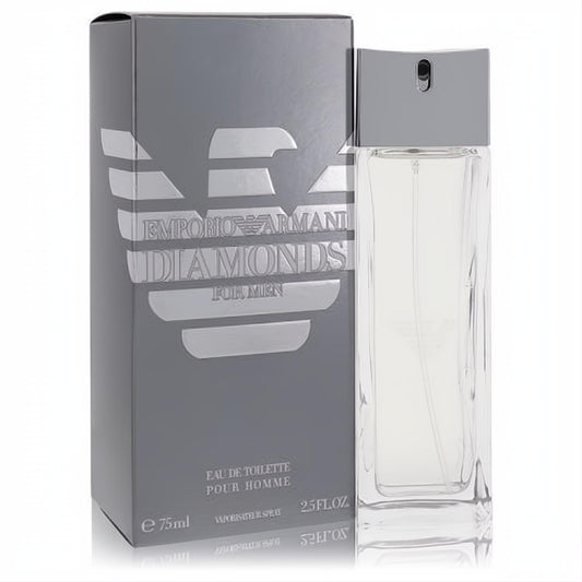 Emporio Armani Diamonds 2.5 oz men's Eau De Toilette. Clear glass bottle, gray cap, and elegant silver-branded gray box.