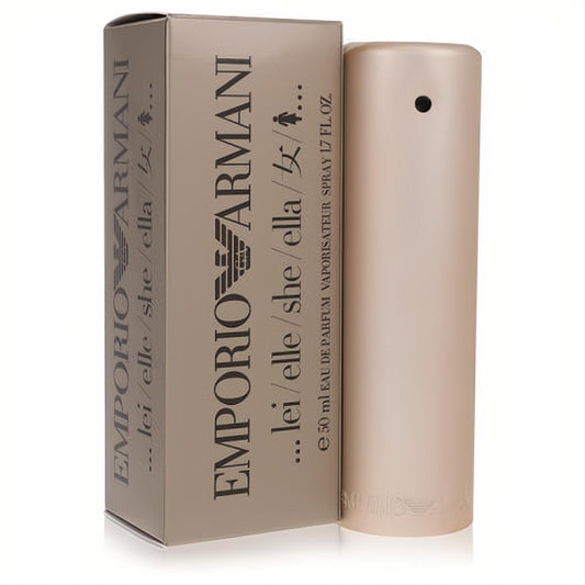 Emporio Armani Lei/Elle/She/Ella 1.7 oz Eau De Parfum. Sleek matte champagne metallic bottle with matching box.
