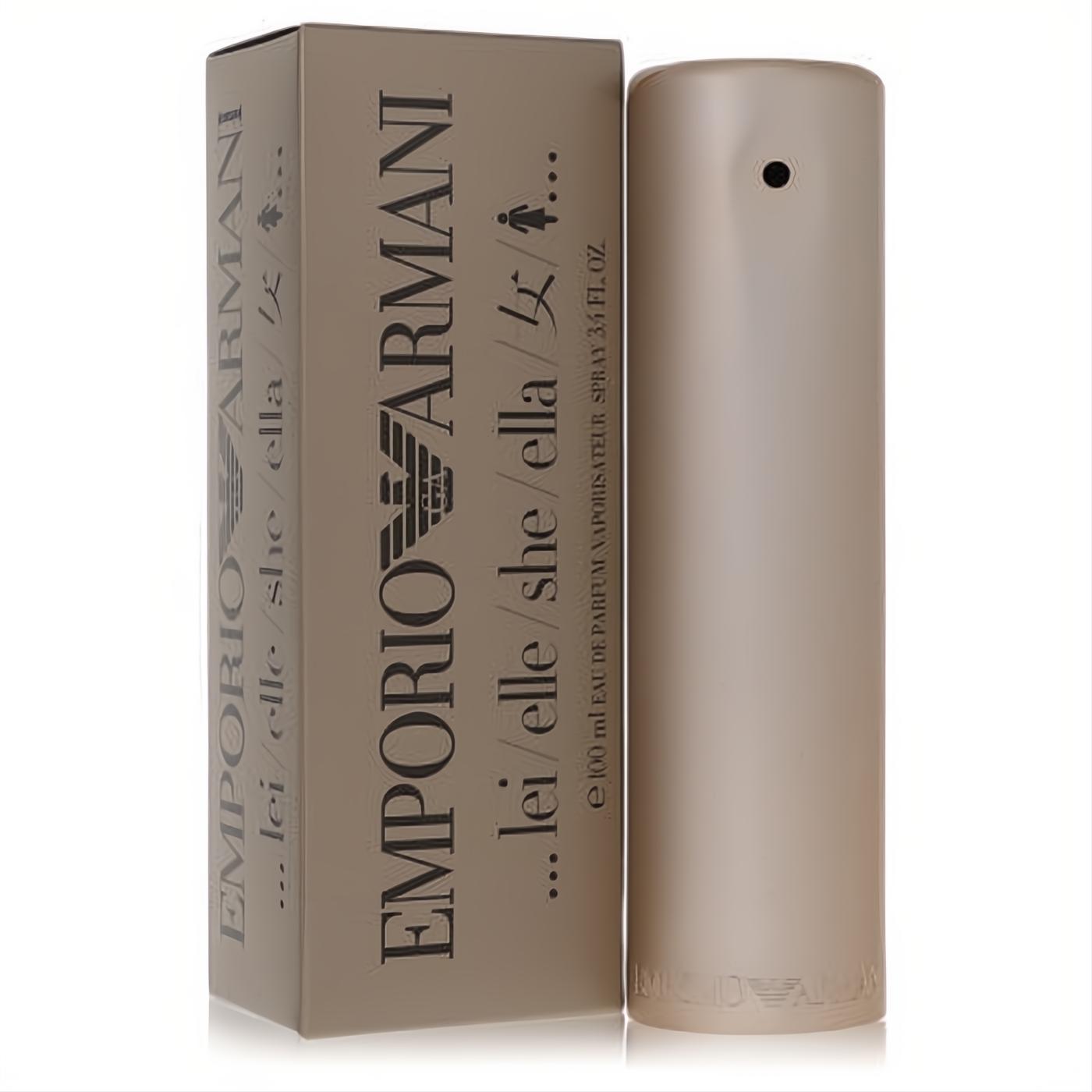 Luxurious Emporio Armani Lei/Elle/She 3.4 oz women's EDP spray, elegant matte champagne bottle and matching box.