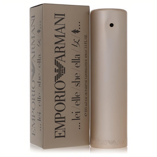 Luxurious Emporio Armani Lei/Elle/She 3.4 oz women's EDP spray, elegant matte champagne bottle and matching box.