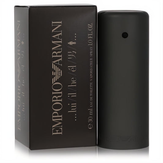 Sleek matte black Emporio Armani 1 oz Eau De Toilette for men, featuring a modern cylindrical bottle and elegant packaging.