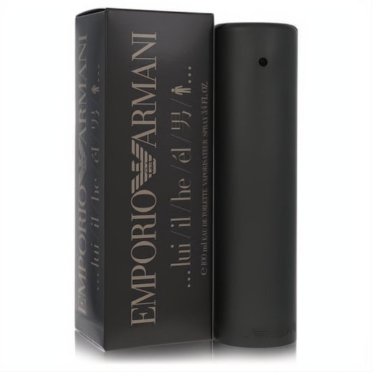 Emporio Armani "lui/il/he" 3.4 oz EDT spray. Sleek matte black bottle and box, a sophisticated men's fragrance.