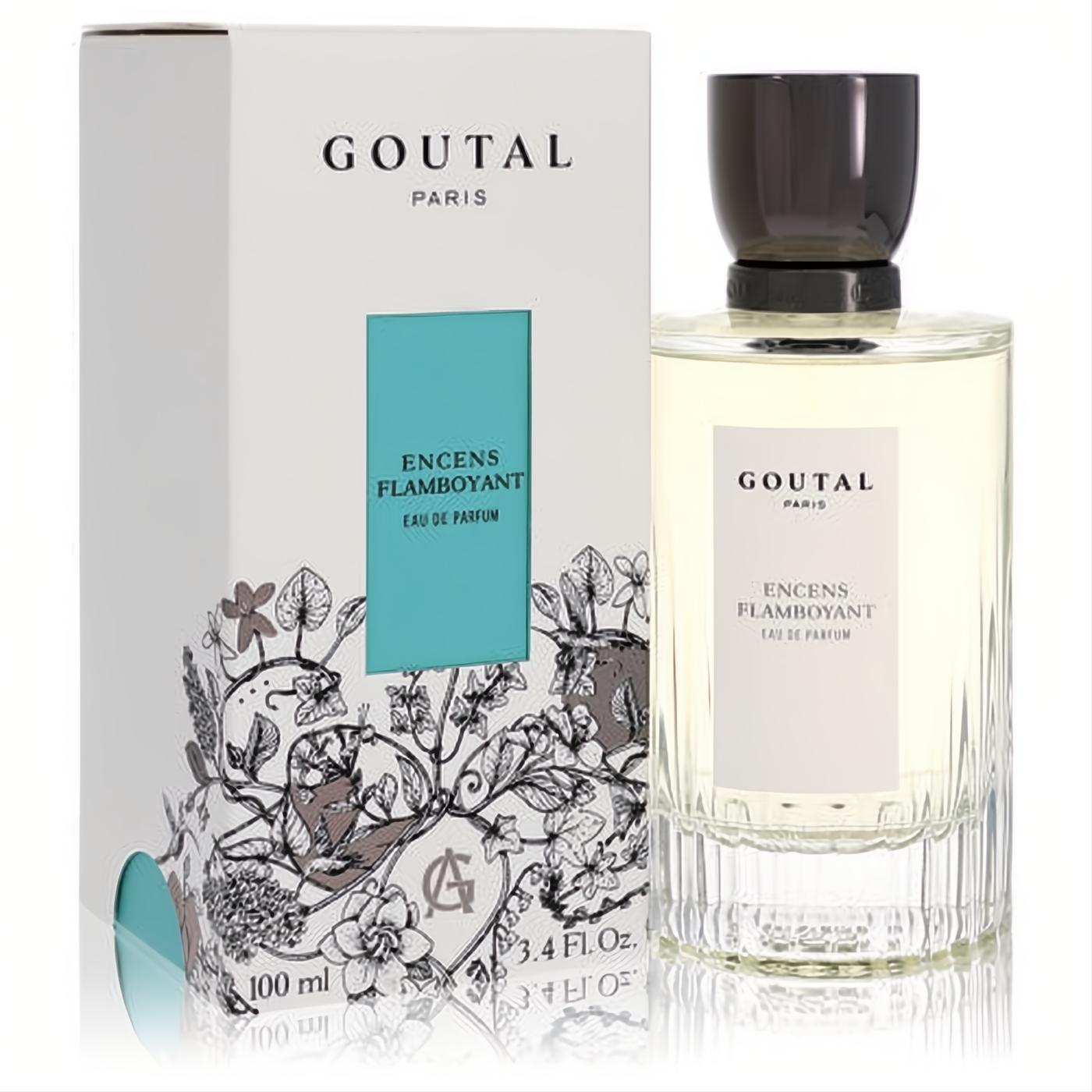 Annick Goutal Encens Flamboyant 3.4 oz EDP for men. Clear bottle, black cap, white box with teal label & elegant botanical art.