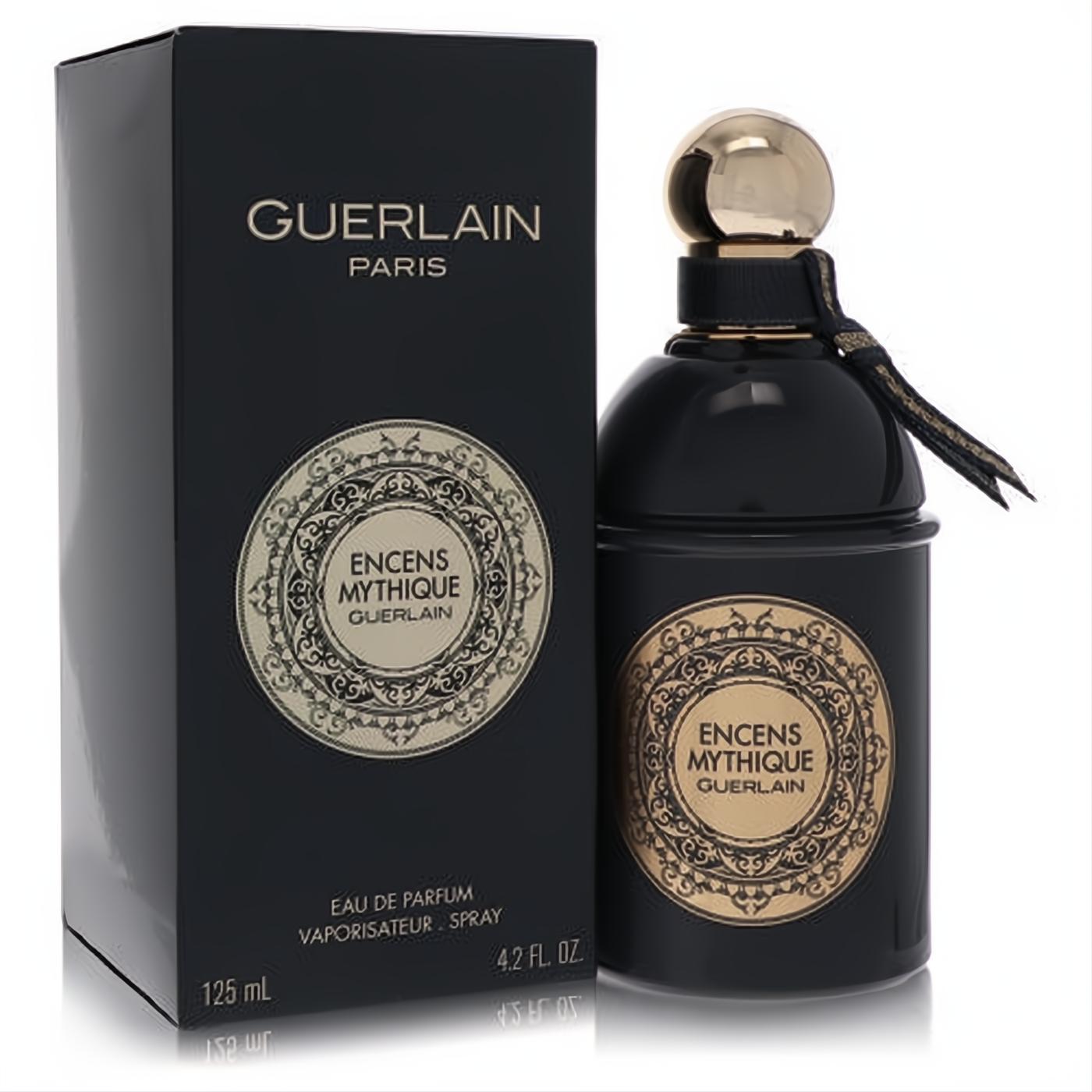 Guerlain Encens Mythique D'orient 4.2 oz unisex EDP spray. Elegant matte black bottle with ornate gold label, cap, and ribbon.