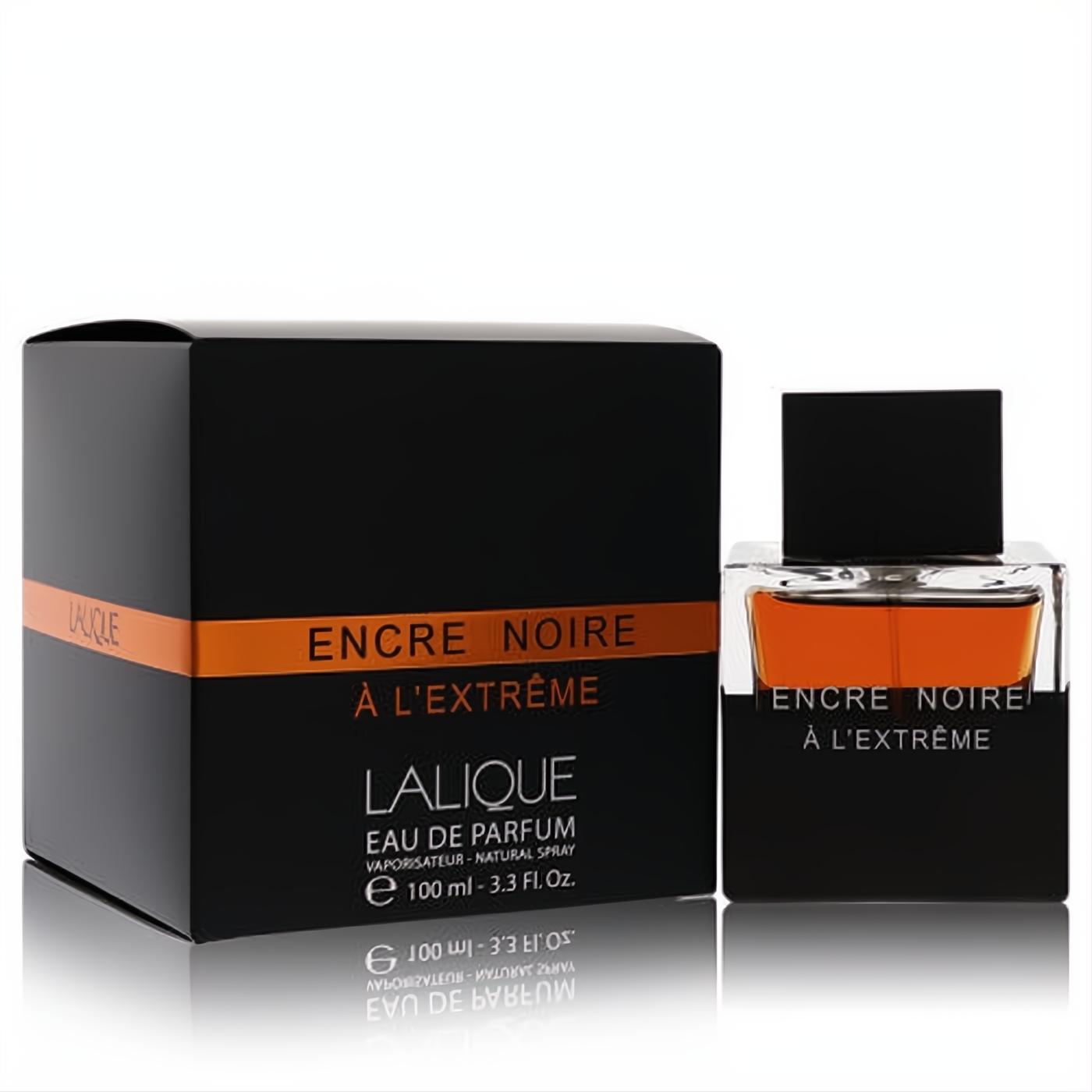 Lalique Encre Noire A L'Extreme 3.3 oz men's EDP. Sleek black box with orange band, elegant black bottle revealing amber liquid.