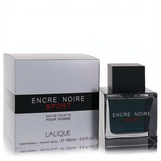 Lalique Encre Noire Sport 3.3 oz men's EDT. Sleek dark green glass bottle, black cap, and silver box for a bold, masculine scent.