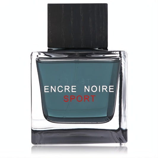 Lalique Encre Noire Sport 3.3 oz men's EDT. Daring dark teal fragrance in a sleek square glass bottle with a black wood cap.