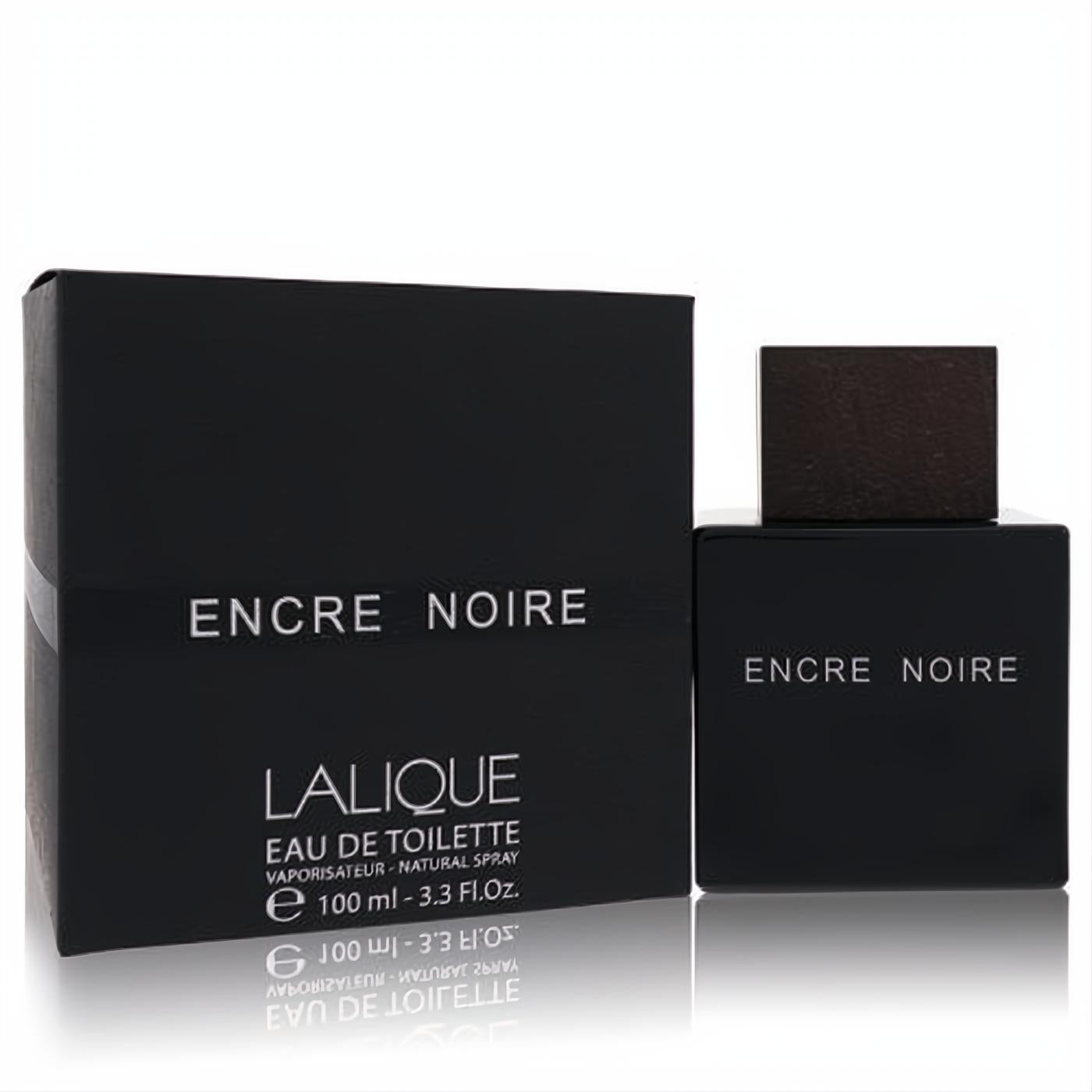 Elegant Encre Noire by Lalique 100ml EDT. Sleek black square glass bottle and matching minimalist box.