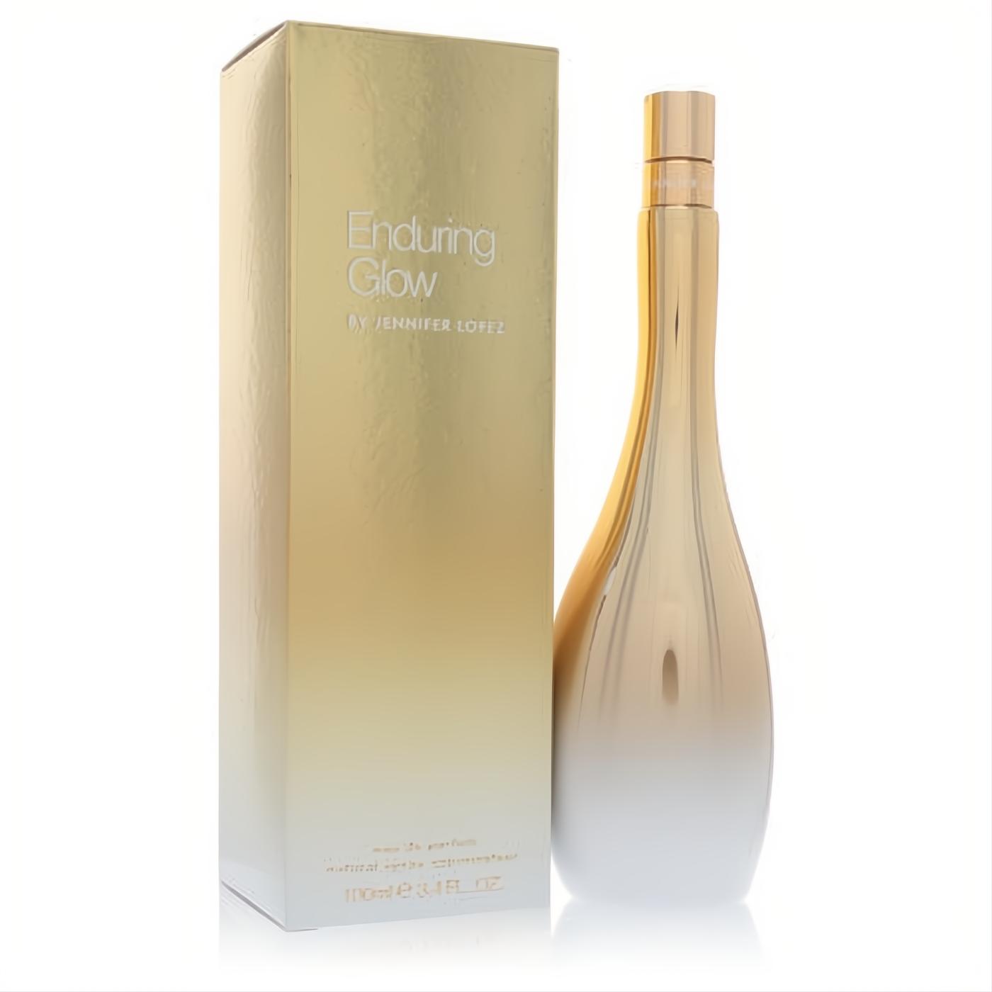 Enduring Glow by Jennifer Lopez 3.4 oz EDP spray. Elegant gold ombre bottle and matching box for a captivating scent.
