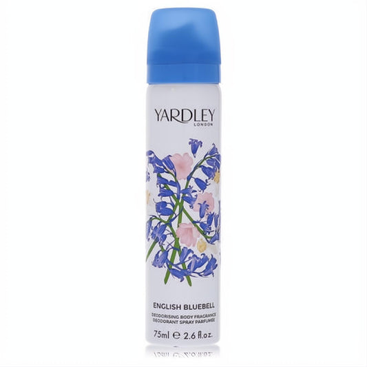 Yardley London English Bluebell 2.6 oz body spray. White can with vibrant blue cap and delicate bluebell floral design.