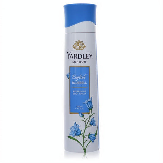 Discover Yardley London English Bluebell 5.1 oz body spray. White can with a vibrant blue cap, elegant bluebell floral art, and gold crest.