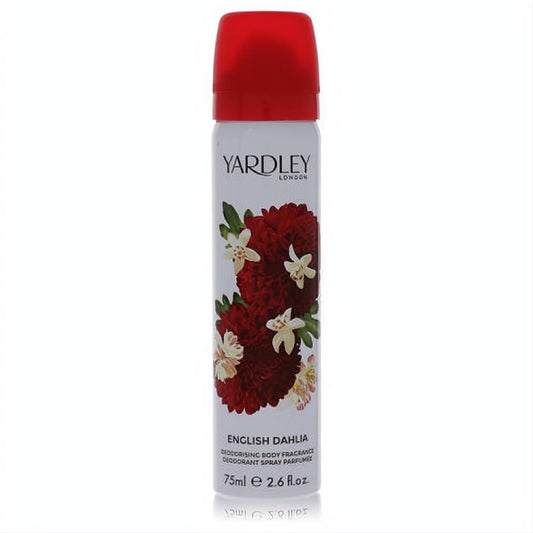 Yardley London English Dahlia 2.6 oz body spray. Elegant white can with a striking red cap and lush red dahlia floral design.