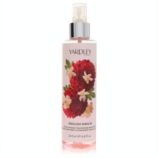 Elegant Yardley London English Dahlia 6.8 oz body mist. Clear bottle, silver sprayer, vibrant red dahlia & white floral label.