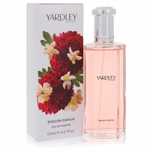 Yardley London English Dahlia 4.2 oz EDT. Clear bottle with delicate pink fragrance, paired with a white box featuring vibrant red dahlia blooms.