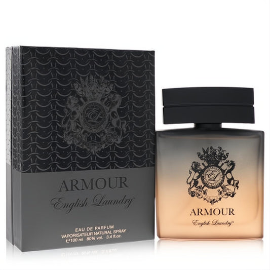 Discover English Laundry Armour 3.4 oz EDP. Frosted amber bottle with black cap and crest, paired with its sleek, patterned box.