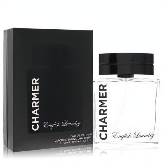English Laundry Charmer 3.4 oz Eau De Parfum. Elegant clear glass bottle with black cap beside its sophisticated black gift box.
