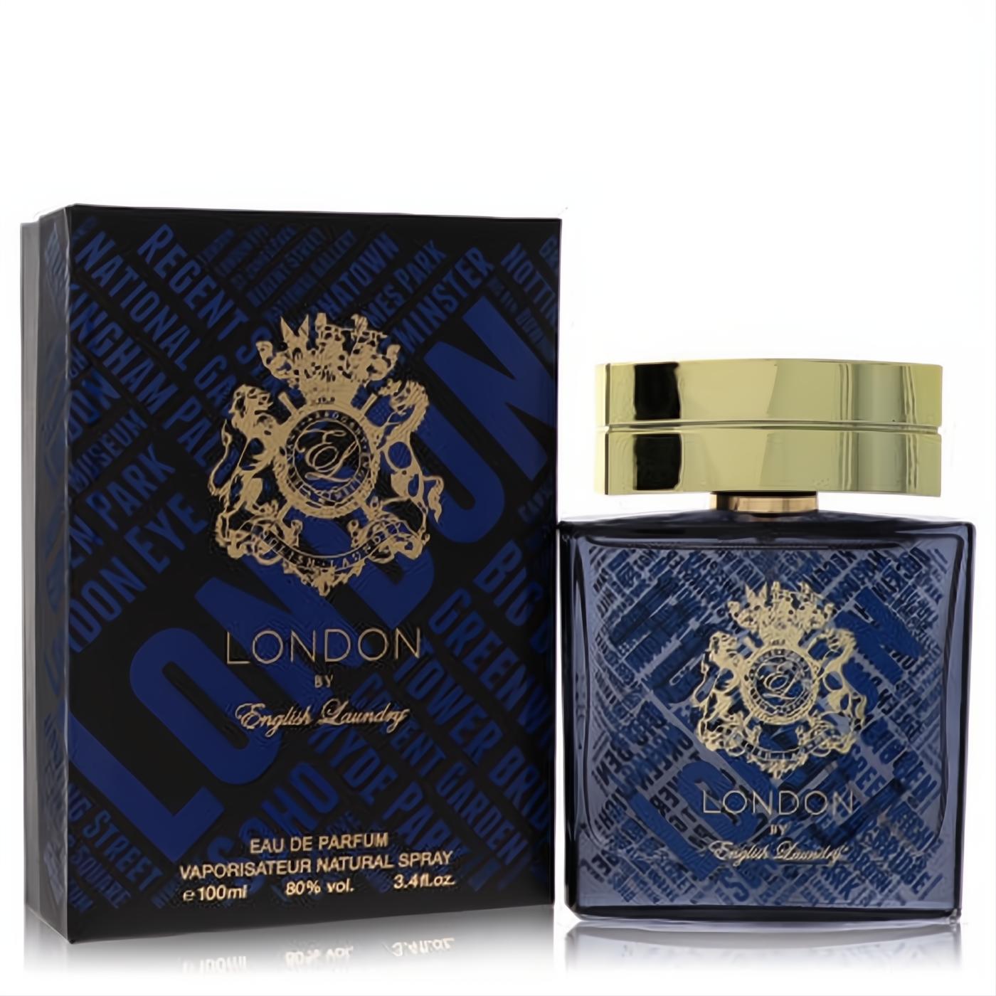 English Laundry London 3.4 oz Eau De Parfum. Elegant dark blue bottle, gold cap, and crest, with its matching gold-detailed box.