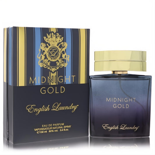 English Laundry Midnight Gold 3.4 oz EDP. Sleek dark blue glass bottle with a luxurious gold cap, next to its elegant striped box.