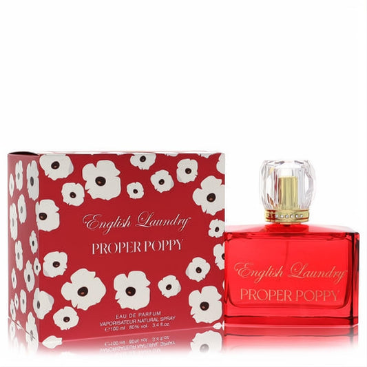 English Laundry Proper Poppy 3.4 oz EDP: vibrant red glass bottle with elegant gold trim, clear cap, and floral box.