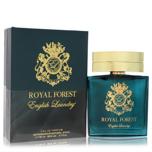 English Laundry Royal Forest 3.4 oz men's EDP. Dark teal glass bottle with gold cap and crest, displayed with its elegant matching box.