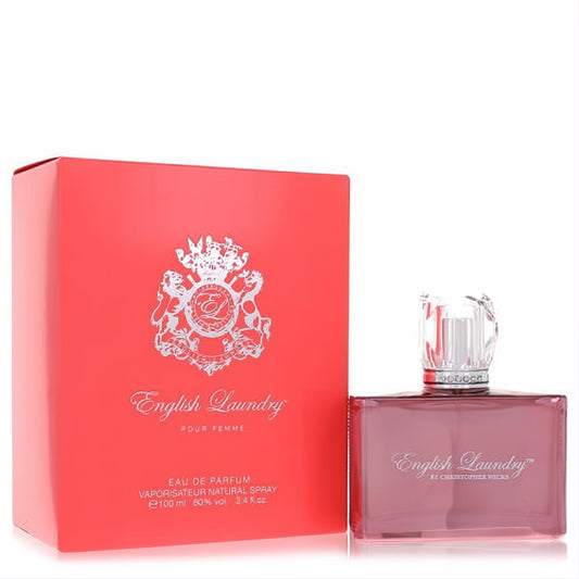 Elegant English Laundry Signature 3.4 oz Eau de Parfum. Rose-tinted glass bottle with crystal cap, vibrant coral box.