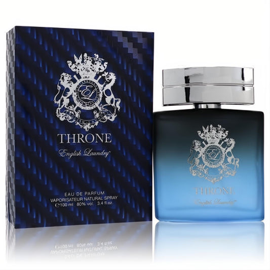 Regal English Laundry Throne 3.4 oz men's Eau de Parfum. Dark blue box and sleek ombre frosted bottle with silver crest.