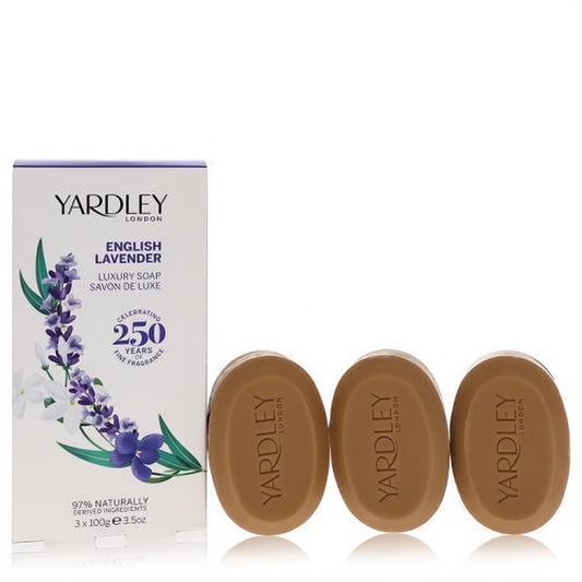 Indulge in Yardley London English Lavender luxury soap. Elegant white box, purple floral design, three oval 3.5oz brown bars.