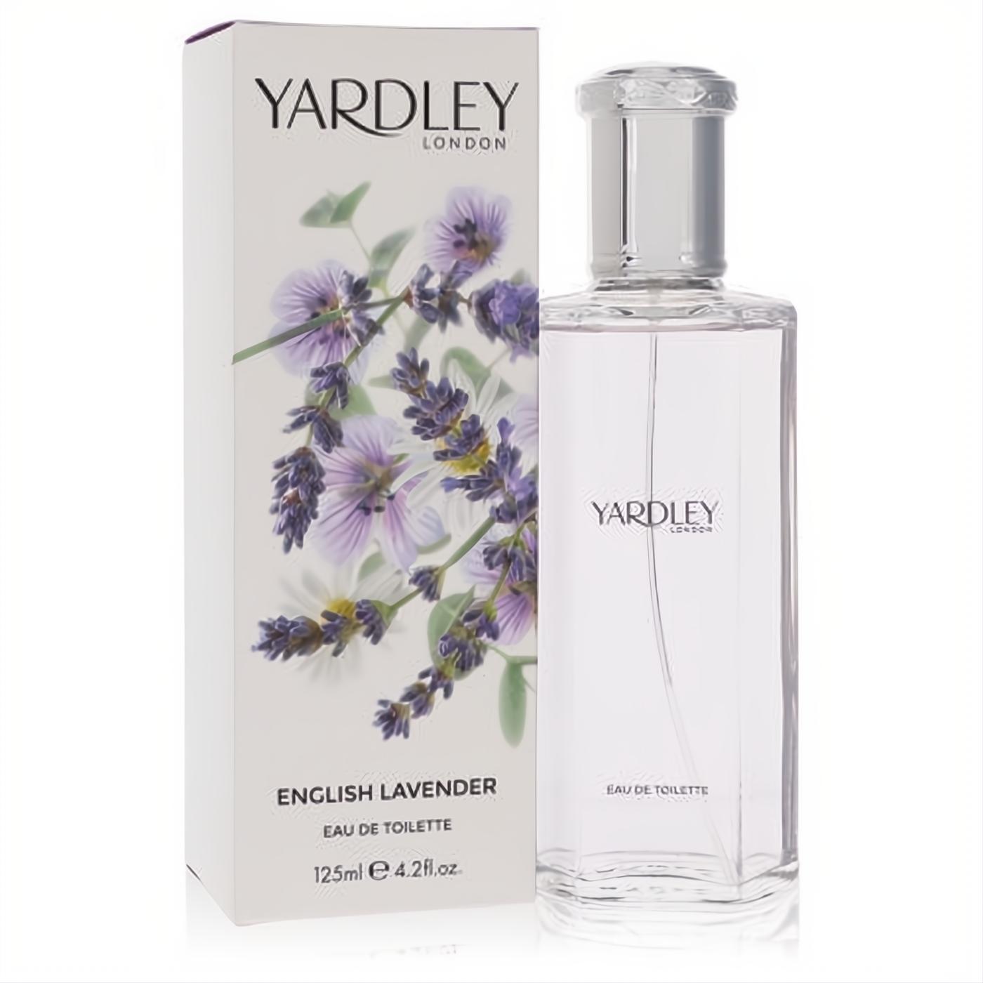Yardley London English Lavender Eau De Toilette 4.2 oz. Clear glass spray bottle with silver cap and white box featuring vibrant lavender.