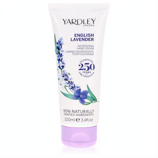 Yardley London English Lavender 3.4 oz nourishing hand cream. White tube with a soothing purple cap and elegant floral design.