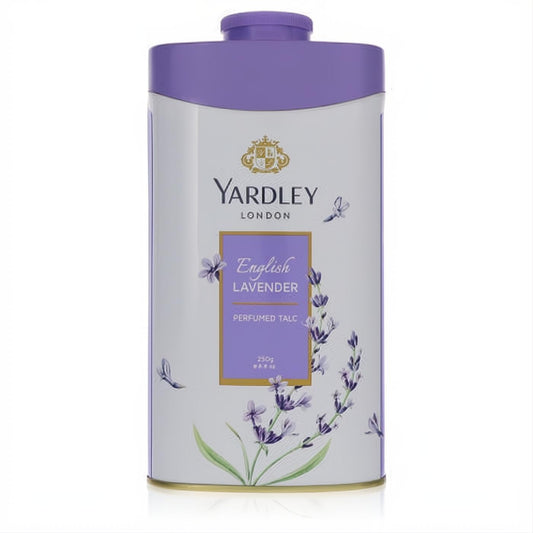 Yardley London English Lavender Perfumed Talc 8.8 oz. Classic white tin with purple cap, elegant lavender floral design.