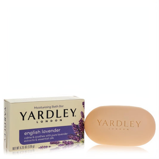 Indulge with Yardley London English Lavender 4.25 oz moisturizing bath bar. Cream box with lavender flowers and an embossed oval peach soap.