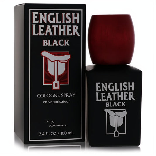 English Leather Black 3.4 oz men's cologne spray. Sleek black bottle, silver logo, and a bold red cap.
