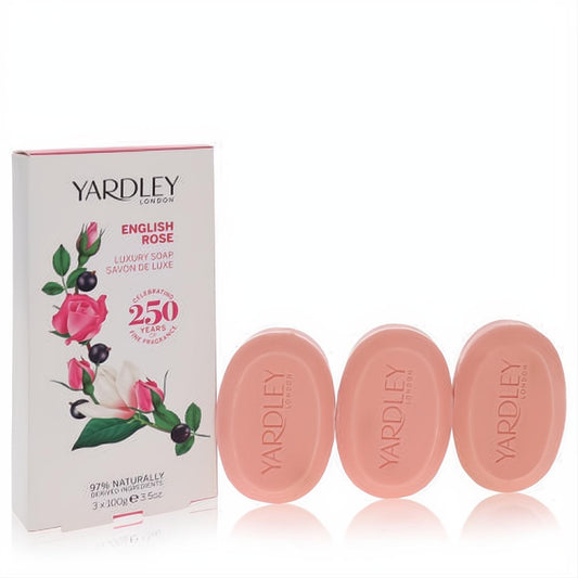 Classic Yardley London English Rose luxury soap. Three 3.5 oz pink oval bars with elegant white floral packaging.