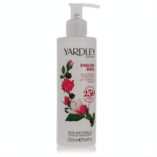 Yardley London English Rose 8.4 oz silky smooth body lotion. White plastic pump bottle with classic rose and berry design.