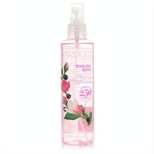 Yardley London English Rose Body Mist, 6.8 oz. Clear spray bottle with refreshing pink liquid and vibrant rose floral design.