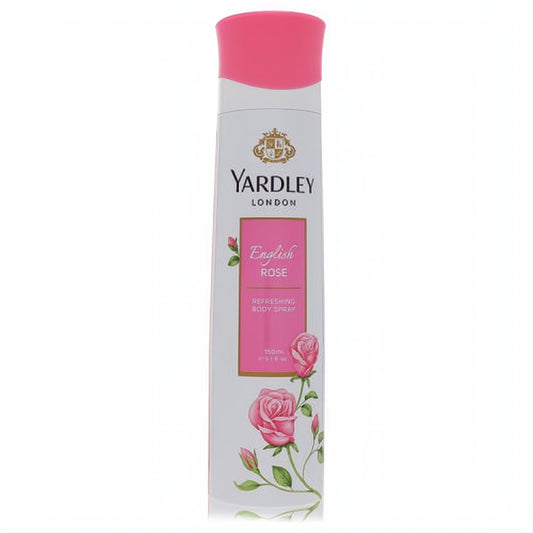 Yardley London English Rose 5.1 oz refreshing body spray. White can with a vibrant pink cap and exquisite rose artwork.