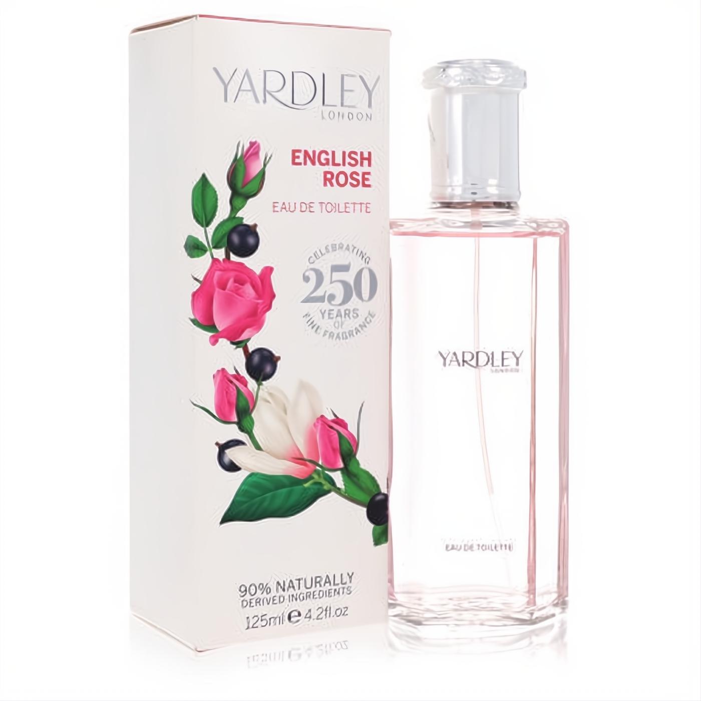 Yardley London English Rose 4.2 oz EDT spray, a clear bottle with soft pink perfume, next to its elegant white floral box.