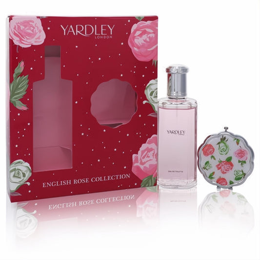 Yardley London English Rose gift set: 4.2 oz pink EDT spray, elegant silver floral compact mirror, and vibrant red rose box.