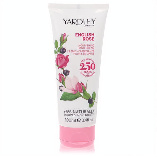 Experience Yardley London English Rose nourishing hand cream. White 3.4 oz tube with pink cap, featuring elegant rose and berry artwork.