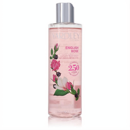 Yardley London English Rose Luxury Body Wash, 8.4 oz. Clear bottle with soft pink gel, silver cap, and exquisite rose floral design.