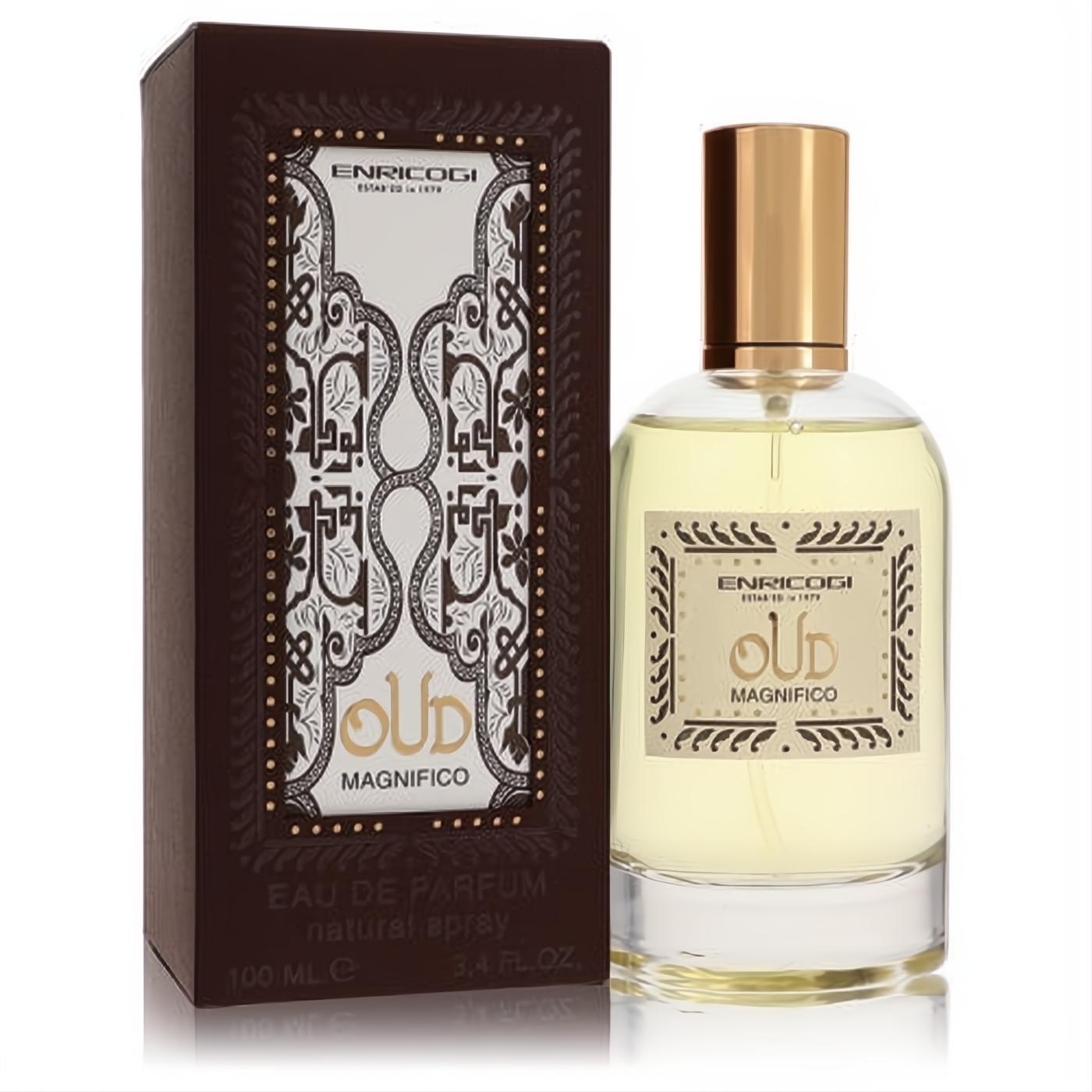 Luxurious Enrico Gi Oud Magnifico 3.4 oz unisex Eau De Parfum. Clear bottle with amber liquid, gold cap, and ornate brown box.