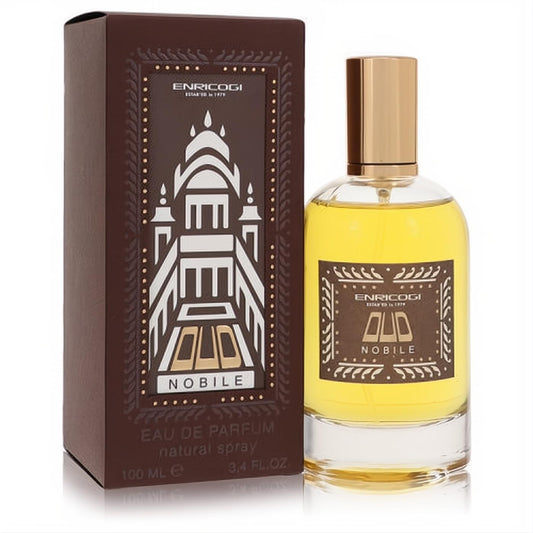 Enrico Gi Oud Nobile 3.4 oz unisex Eau de Parfum. Clear bottle with gold cap and rich brown box featuring a regal palace design.