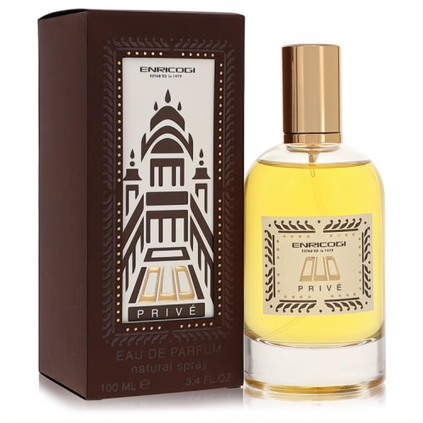 Enrico Gi Oud Prive 3.4 oz Eau De Parfum. Elegant clear glass bottle, gold cap, and brown box with unique architectural design.