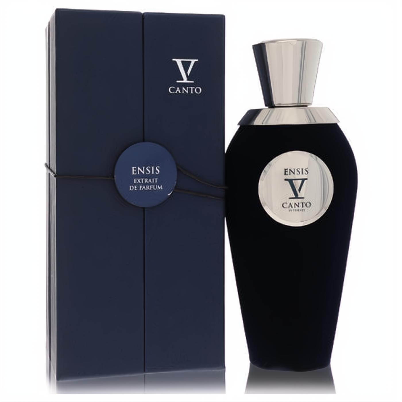 Luxurious Ensis V by V Canto unisex extrait de parfum. Dark blue velvet bottle with sleek silver cap and elegant matching box.