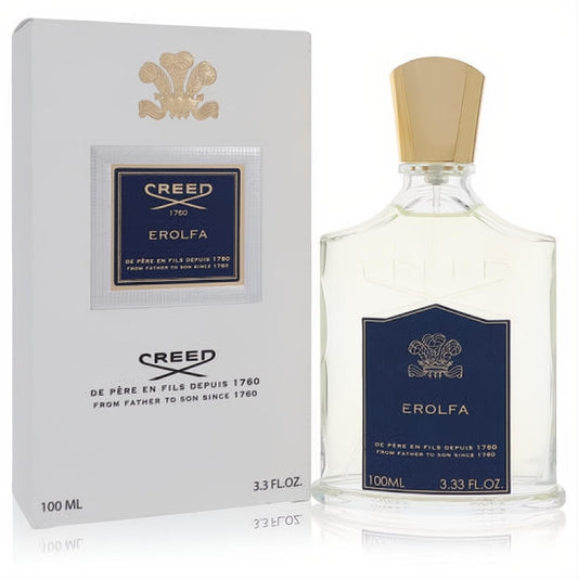 Erolfa by Creed men's Eau De Parfum, 3.4 oz. Elegant clear glass bottle with gold cap and blue label, beside its luxurious white box.