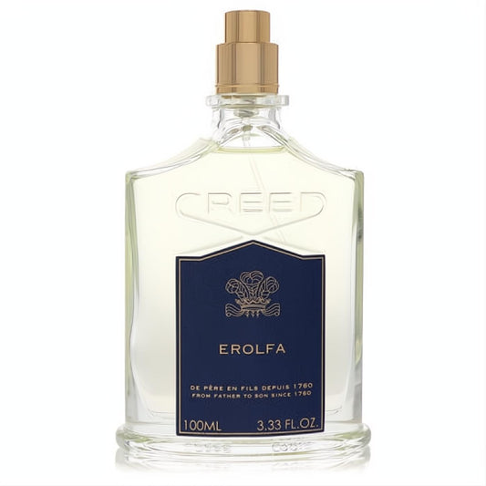 Experience Creed Erolfa 3.3 oz men's EDP tester. Elegant clear glass bottle, gold cap, and luxurious blue label.