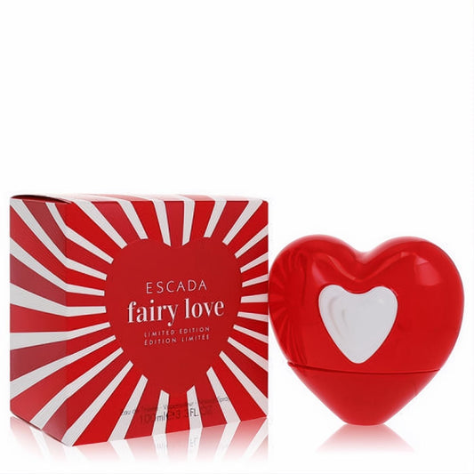 Escada Fairy Love 3.3 oz Eau De Toilette. Vibrant red heart bottle with white accent, beside its limited edition matching box.